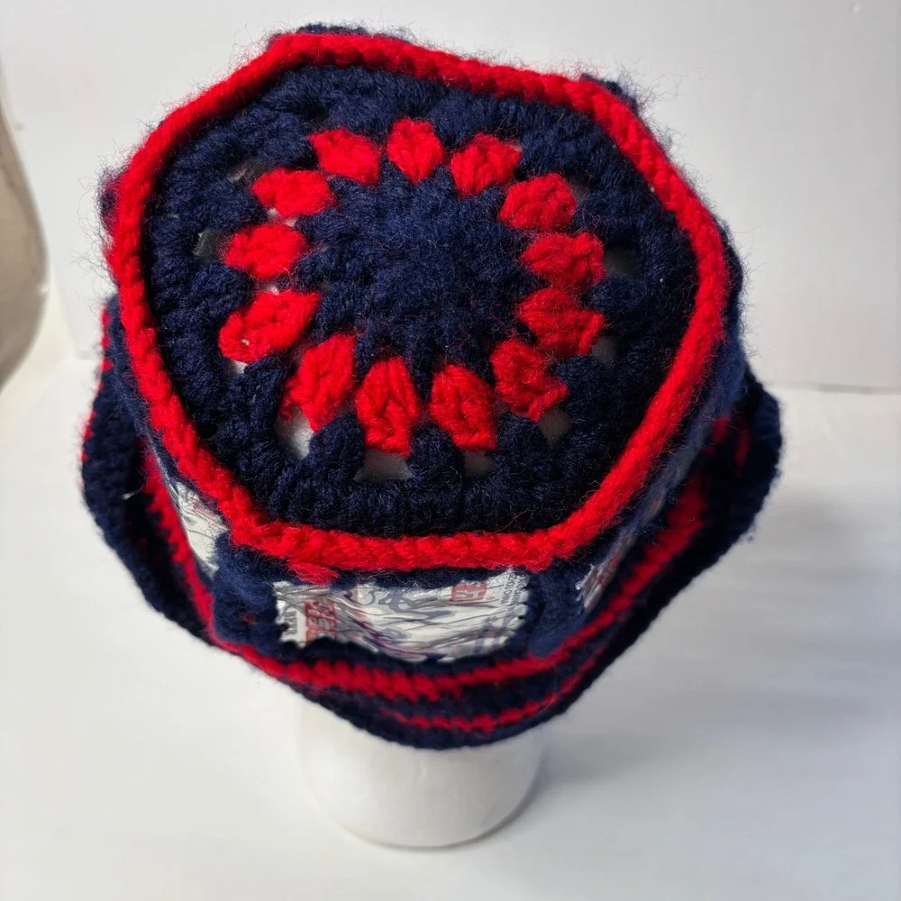 Handmade Crochet Beer Can Red Blue Bucket Hat Cap Jingpin Asian‎ Streetwear